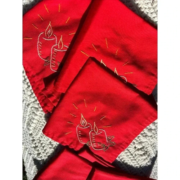 Other - Vintage Holiday Cocktail Napkins Linen Set of 8 Embroidered Bells & Candles